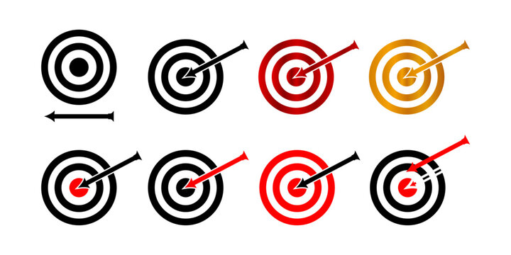 Target and Bullseye Icon Set with Arrow Hit Center for Business Goals, Marketing Strategy, Success Metrics and Presentations