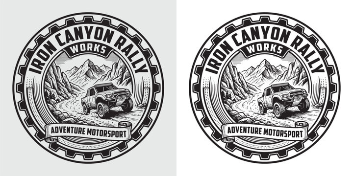 Adventure motorsport rally emblem with a modern off-road truck, mountain background, and mechanical gear frame