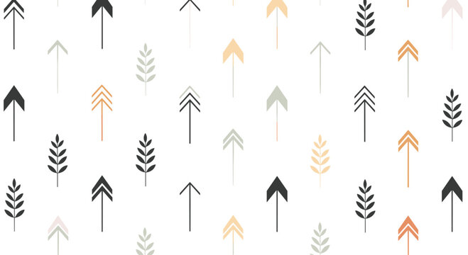 Tribal-style seamless pattern consists of varied arrow shapes and simple leaf sprigs in a neutral earth-toned color palette.