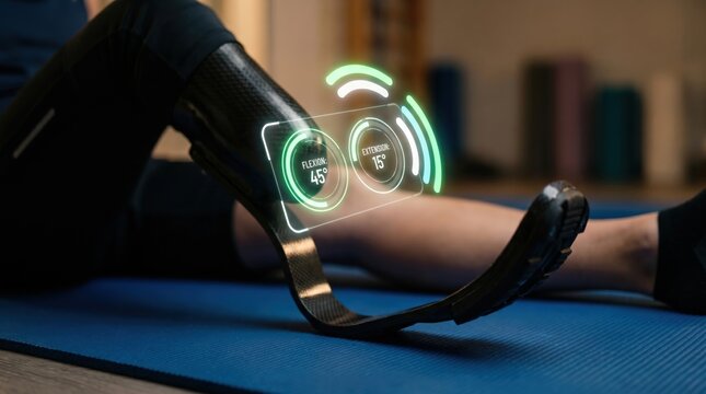 Advanced Biomechanical Prosthetic Therapy Concept: Glowing Holographic UI and Angle Meters Over Running Blade on Clinic Mat