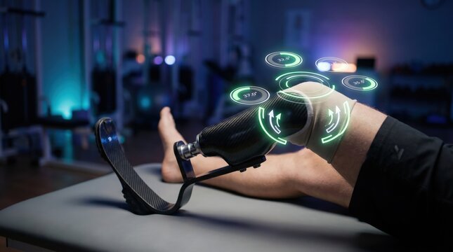 Advanced Biomechanical Prosthetic Therapy Concept: Glowing Holographic UI and Angle Meters Over Running Blade on Clinic Mat