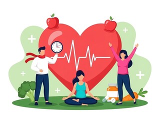 Fototapeta premium Healthy lifestyle concept with people, heart, pulse line, clock, fruits and vegetables