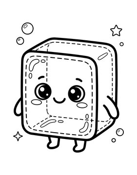 Cute clear cuvette mascot, science laboratory glass container cartoon outline illustration for kids coloring book.