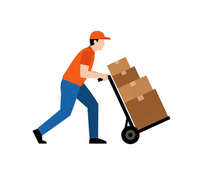 Delivery man pushing trolley with stacked boxes, transporting parcels for shipping