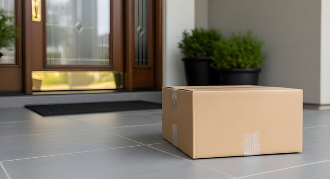 Cardboard package delivered to a modern home doorstep