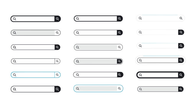 Collection of various search bar interface elements in different styles and colors for website or app development.
