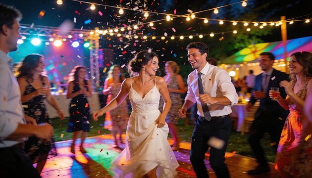 Happy bride and groom dancing at outdoor wedding reception. Newlyweds celebrating with guests under string lights and falling confetti. Festive night party on illuminated dance floor