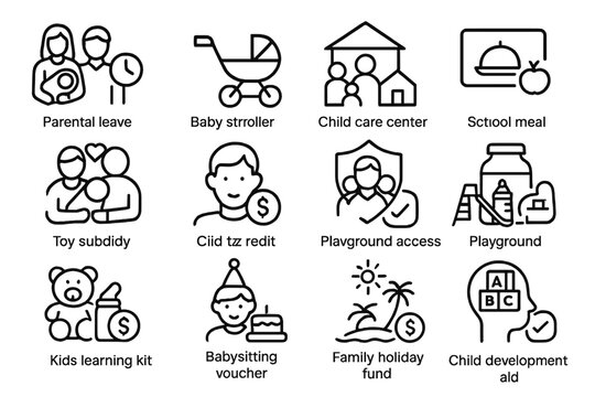 Illustrated icons depicting various child and family support programs
