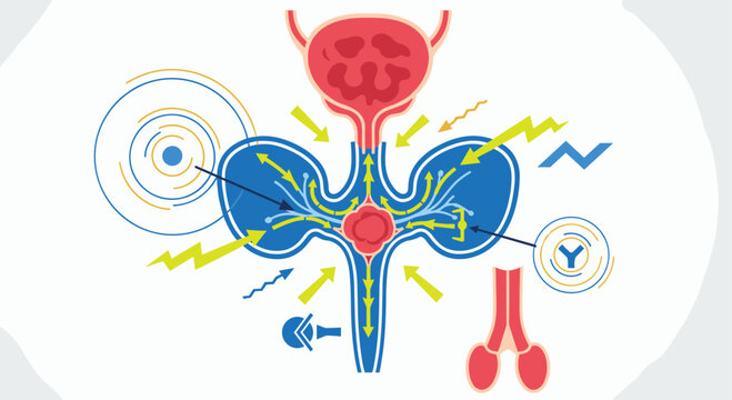 Abstract medical diagram related to prostate health or urinary tract system with arrows and symbolic icons on white.