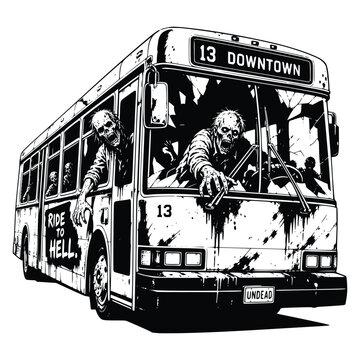 Zombie Bus Ride to Hell, Monochrome Horror Illustration