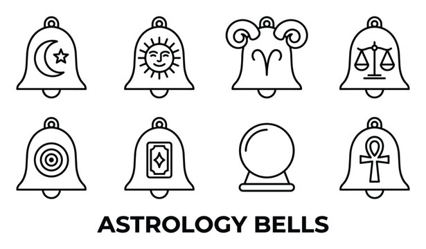 Set of eight astrology bells outline icons featuring mystical symbols for spiritual divination theme.