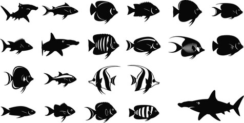 Marine fish silhouettes collection tropical reef species and shark set isolated black vector illustration for ocean wildlife design © MdMojibar