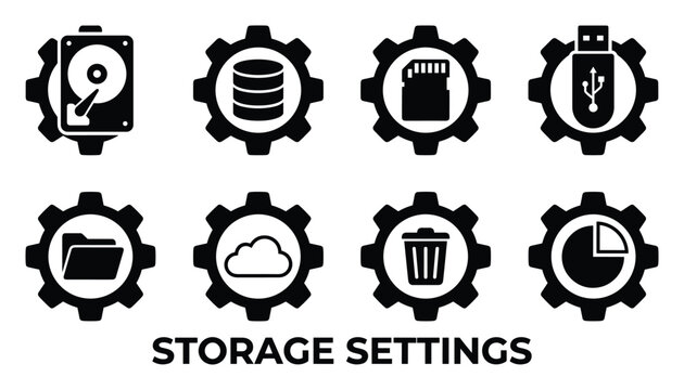 Set of eight solid black storage settings icons representing digital data management and disk storage.