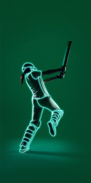 Female cricket player with glowing line outline swinging bat in green studio. Concept of cricket academy ads, team tryouts, sports tech campaign and club poster.