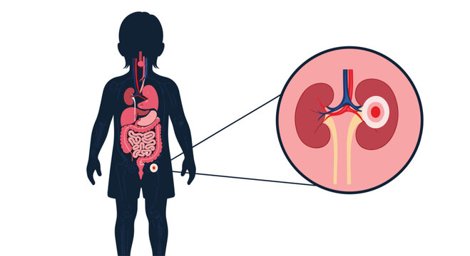 Silhouette of a child showing internal organs with a zoomed in detailed view of the human kidneys and bladder system.