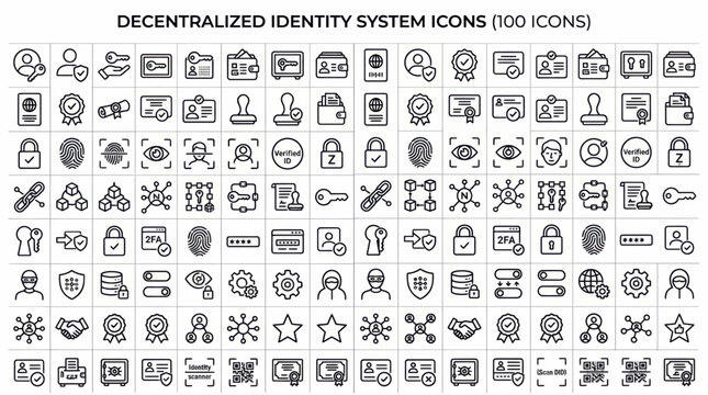 Decentralized identity system icons set for digital security and verification
