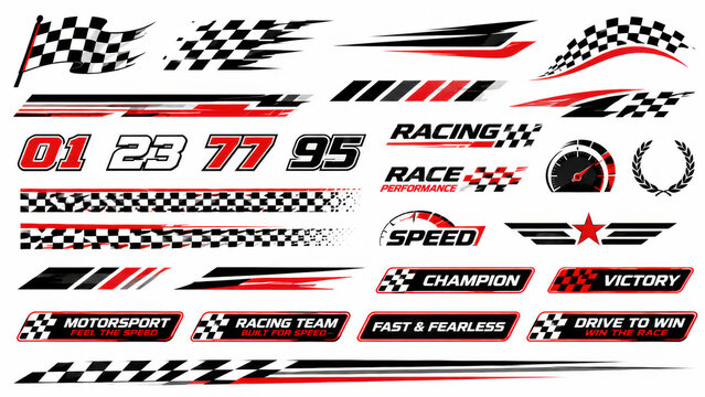 Set of black and red racing car decals and sport stickers with checkered flag patterns for vehicle decoration