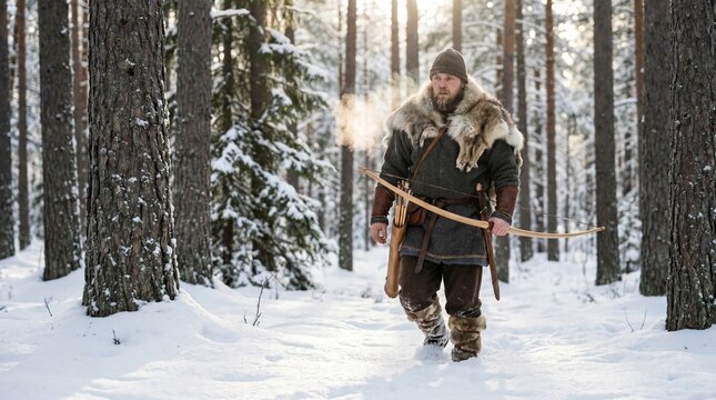 Historical Viking hunter in traditional fur and wool clothing walking through a snowy pine forest with a longbow during a cold winter day.