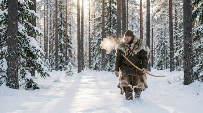 Historical Viking hunter wearing fur and wool clothing walking through a snow-covered pine forest with a wooden longbow during a cold winter day.