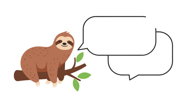 Cute cartoon sloth resting on a tree branch with blank speech bubbles provided for custom text or dialogue in a fun style.