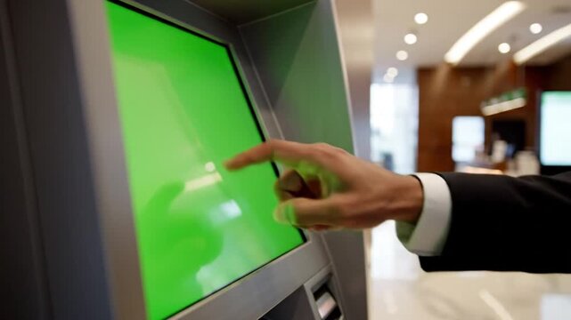 Businessman using ATM machine with green screen chroma key mockup