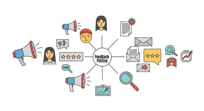 Informative graphic design about feedback polling featuring multiple business icons like megaphones and rating stars for survey data.