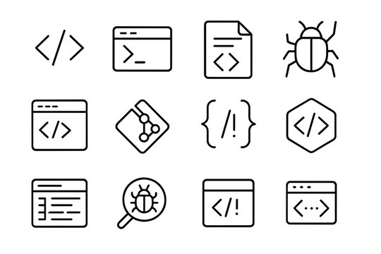 Coding and debugging icons with bugs and development symbols on dark background