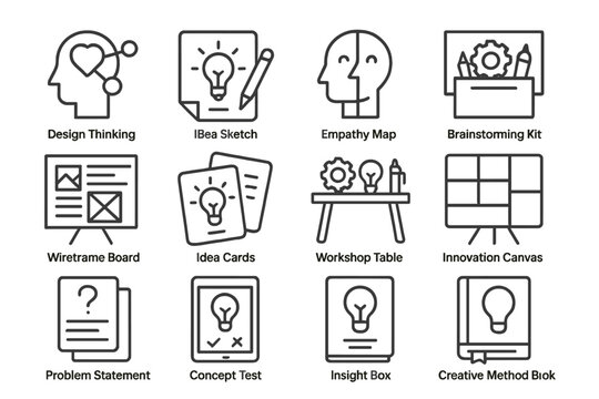 Creative design innovation icons: tools for idea generation and problem solving