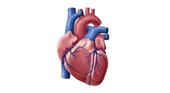 The human heart with veins and arteries is shown in a medical illustration.