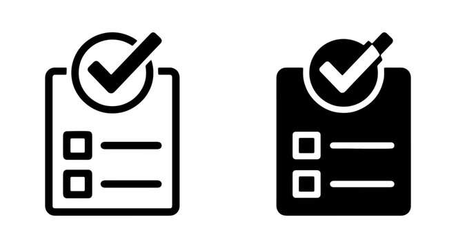 Checklist icon set, black and white vector graphics for task management and surveys