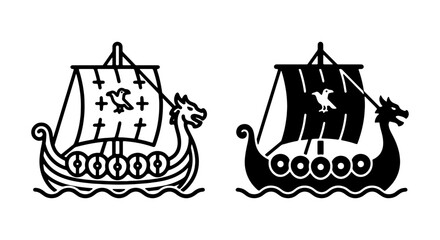 Viking longship vector icon set, ancient Norse boat symbol, historical sailing vessel emblem © black man