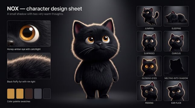 Cartoon mascot character design sheet featuring a black cat with various poses and expressions, showcasing color palette and design elements for creative projects