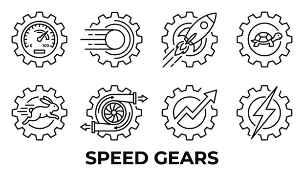 Speed gears icons with speedometer fast motion rocket turtle rabbit turbo graph and lightning bolt.