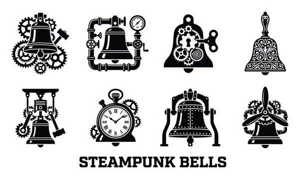 Steampunk bell designs with gears pipes and clockwork mechanisms intricate.