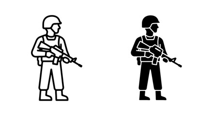 Obraz premium Soldier Icon Set, Military Man Silhouette, Army Warrior Vector Graphics, Combat Figure