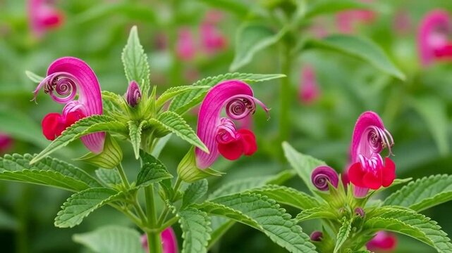 Vibrant pink parrot beak flowers blooming in a lush green garden setting