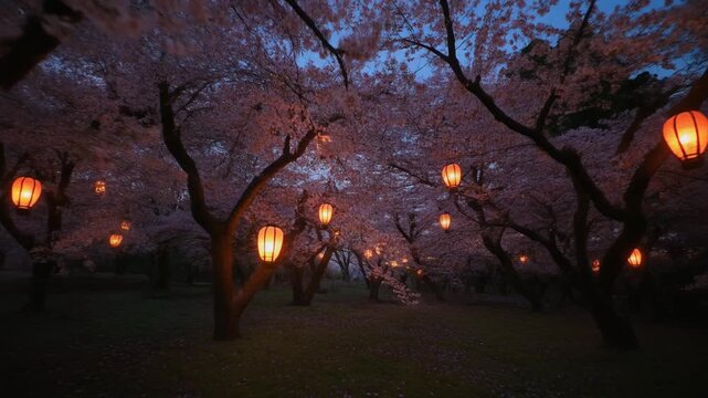 Evening panorama cherry blossom garden with illuminated lanterns