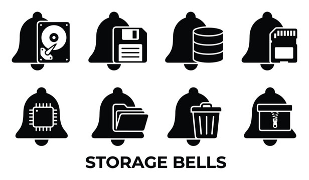 Storage bells icons for data, hard drive, floppy disk, database, sd card, cpu, folder, trash.