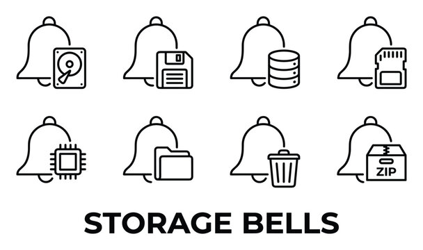 Storage bells icons outline for data, hard drive, floppy disk, database, sd card, cpu, folder, trash.