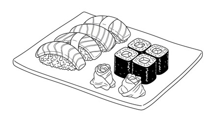 Hand-drawn sushi platter with salmon nigiri and maki rolls, isolated on white background. © Latip