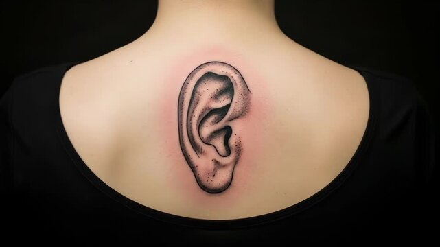 A hyper-realistic black and grey human ear tattoo on a woman upper back
