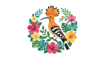 Hoopoe Bird in Floral Wreath, Exotic Tropical Flowers and Leaves, Vibrant Colors © Latip