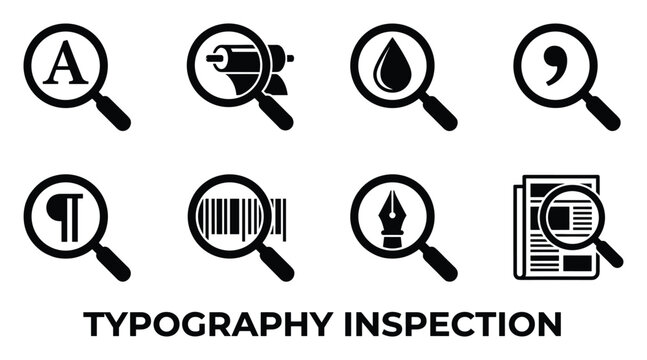 Typography inspection icons set with letter A printer droplet comma paragraph barcode pen and newspaper.