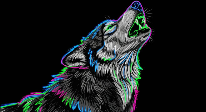 Howling Wolf Scratch Art - Neon Colors on Black Background