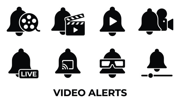 Video alerts notification bell icons for live streams, playback, recording and streaming content.