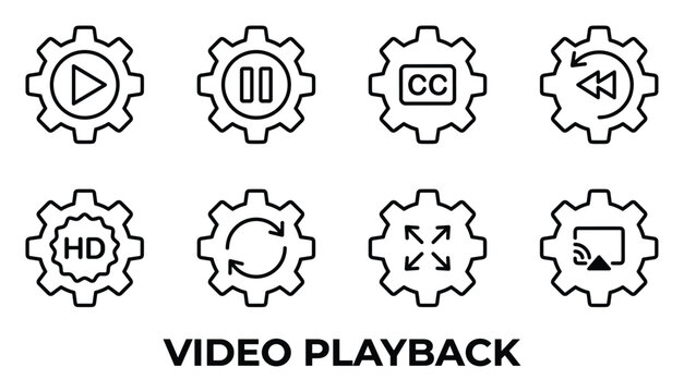 Video playback controls icons set gear play pause cc rewind hd repeat expand screen.