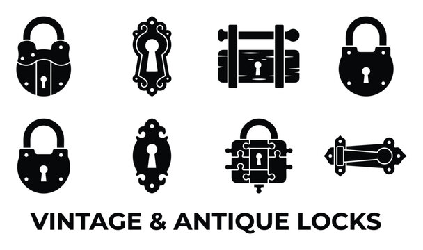 Vintage and antique locks icons set, old padlocks and keyholes, retro security collection.