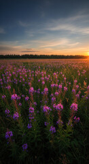 Obraz premium A field of purple flowers under a sunset sky, symbolizing nature's beauty and tranquil serenity