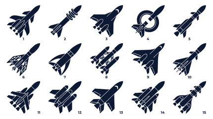 Collection of Jet Fighter and Rocket Silhouettes, Military Aircraft Icons © Iwak