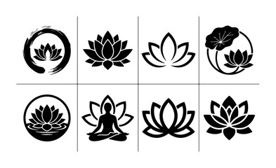 Fototapeta premium Zen Lotus Flower Icons, Yoga Meditation Symbols, Spiritual Enlightenment Graphics, Black and White Vector Set